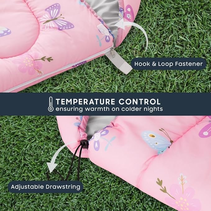 Wake In Cloud - Kids Sleeping Bag for Girls Toddlers Camping in Warm Cold Weather Backpacking Lightweight Compact Outdoor Liner for 3 Seasons Butterfly Garden Flowers