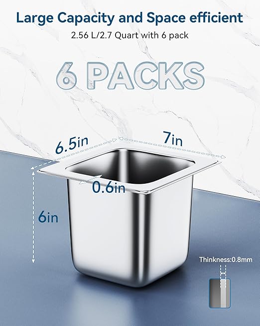 6 Pack Hotel Pans 1/6 Size 6 Deep Steam Table Pan 22 Gauge Anti Jam Stainless Steel Hotel Food Pan