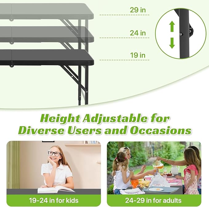 4Ft Foldable Table Adjustable Height with Built-in Handle 4 Foot Heavy Duty Portable Folding Table with Steel Legs for Indoor Outdoor Camping Parties Wedding Picnic Catering (4ft Black)