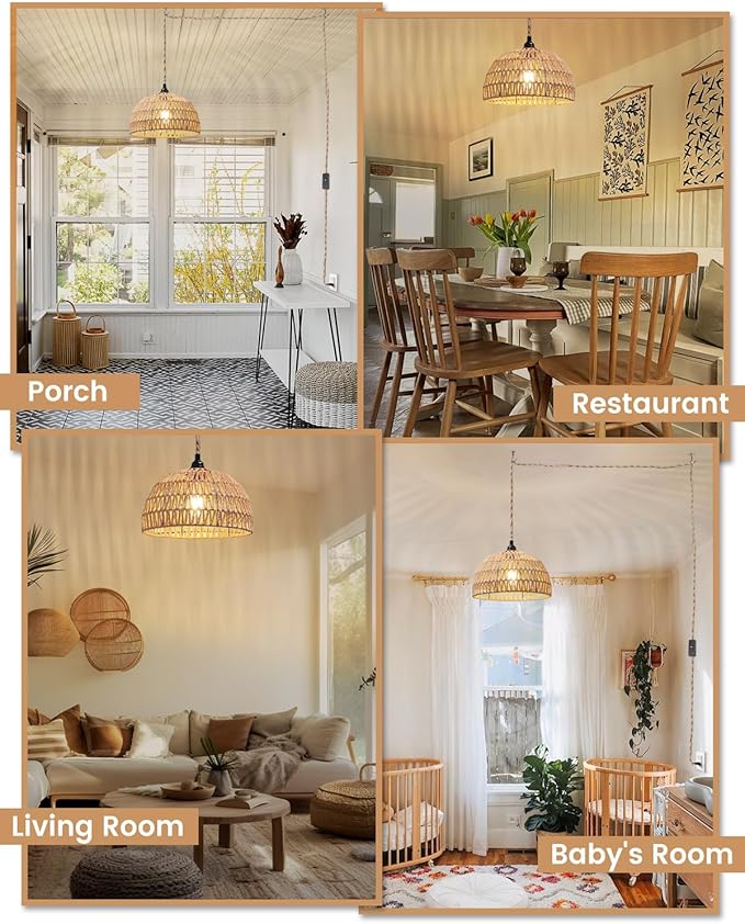 Rattan Hanging LampBoho Pendant LightsPlug in Cord Hanging Rattan LightPlug Into Wall Outlet Pendant Light Fixture On/Off Switch for LivingDinner RoomBedroomKitchenfor E26without Bulb