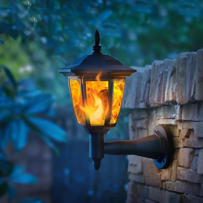 Dynaming 4 Pack Solar Flame Wall Lanterns Outdoor Solar Powered Wall Mounted Sconce Lights Flickering Flame LED Lights Auto On/Off Wall Hanging Lights Waterproof for Garage Stair Patio Porch Yard