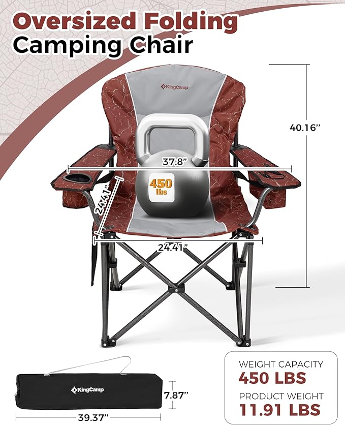 KingCamp Oversized Camping Folding Chair Heavy Duty 450 LBS with Lumbar Support&ampFolding Camping Table Aluminum Roll-Up Camp Table