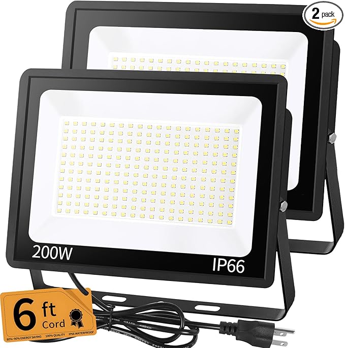 200W LED Flood Light Outdoor with 6ft Plug 24000LM Brighter Exterior Security Lights 5000K Daylight LED Work Light IP66 Waterproof for Yard Garage Stadium Lawn 2 Pack