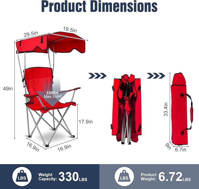 Camping Chair with Canopy Portable Outdoor Folding Beach Chairs with Cup Holder 330LBS Load Lawn Chair for Outside Fishing Beach Picnic (Red)