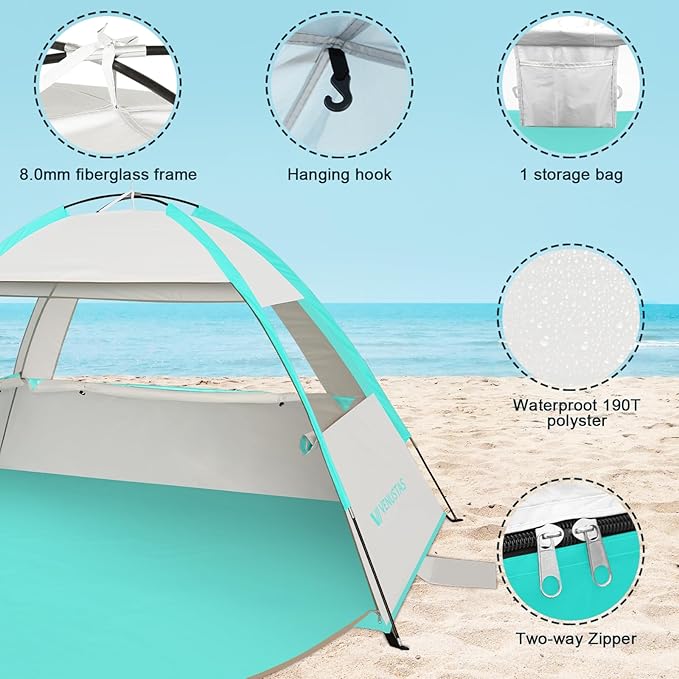 Venustas Beach Tent Sun Shelter for 3/4-5/6-7/8-10 Person UPF 50+ UV Protection Beach Canopy Lightweight and Easy Setup Cabana Portable Shade Tent