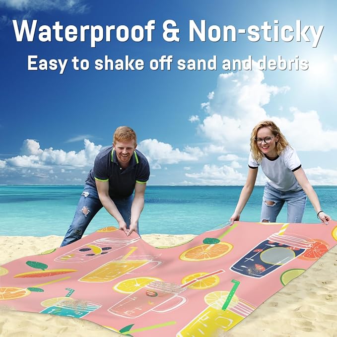 Waterproof Sandproof Beach Blanket 59''×68'' Food Juice Polyester Outdoor Picnic Blanket with 4 Stakes &amp Storage Bag for BeachCampingVacation Light Pink