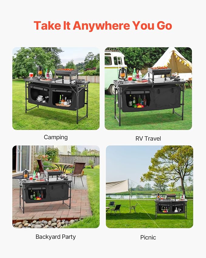 VEVOR Camping Kitchen Table Folding Outdoor Cooking Table 3 Adjustable Heights Aluminum Lightweight Portable Cook Station with Storage Organizer Carry Handle for BBQ Party Picnic RV Travel Black