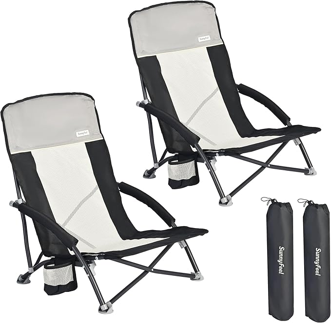 SUNNYFEEL Folding Low Camping Beach Chair 2 Pack Lightweight Portable Lawn Chair with Mesh Back Cup Holder for Outdoor/Travel/Picnic/Concert Foldable Camp Backpack Chair with Carry Bag