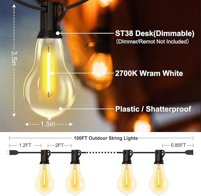100FT LED Outdoor String Lights with 50+3 Shatterproof Bulbs(Gourd Shape) IP44 Waterproof Commercial Grade Patio String Lights for Outside Porch Backyard Garden Deck Decor 2700K Dimmable