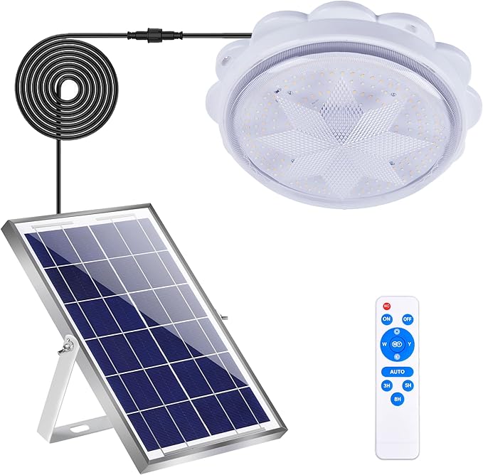 MEIHONG Solar Ceiling Light Porch Ceiling Light with Remote Dimmable Solar Shed Lights with Timer Gazebo Lights with Dusk to Dawn Sensor/Timer/3 Color
