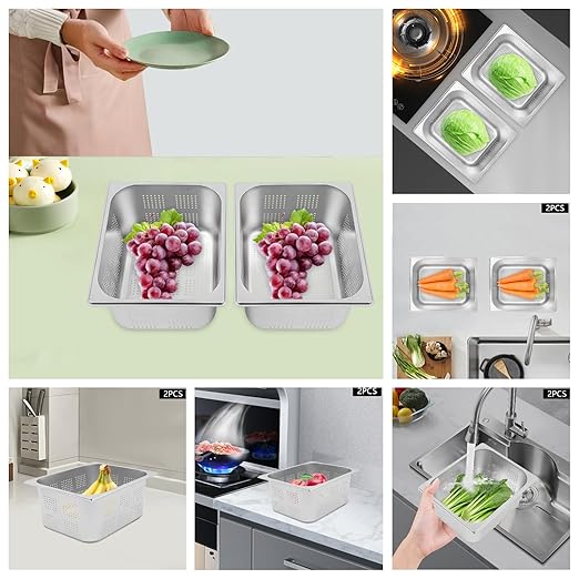 Hotel Pans 2-Pack 1/2 Size Stainless Steel Perforated Steam Table Pan 6 Deep 8L/8.46Qt Food Grade Anti-Jam Commercial Buffet Pan for Kitchen Drain &amp Steam Vegetables Dishwasher &amp Oven Saf