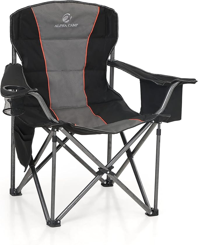 ALPHA CAMP Folding Camping Chair Oversized Heavy Duty Padded Outdoor Chair with Cup Holder Storage and Cooler Bag 450 LBS Weight Capacity Thicken 600D Oxford Black