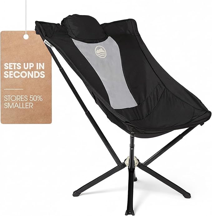 CLIQ EpiQ 1.0 Outdoor Lounge Chair - Folding Camping Chairs Set Up in Seconds - Lightweight Recliner Chair - Military Grade Frame Supports 400 Lbs Outdoor Adventures Black
