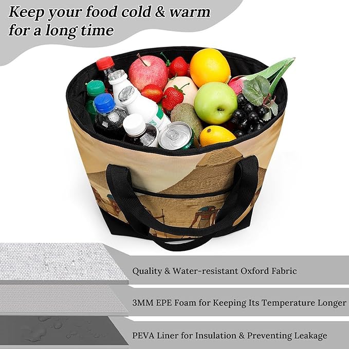 Insulated Shopping BagLarge Reusable Cooler Bags Ancient Egyptians Printed Foldable Shopping BagTravel Waterproof Shoulder Bag