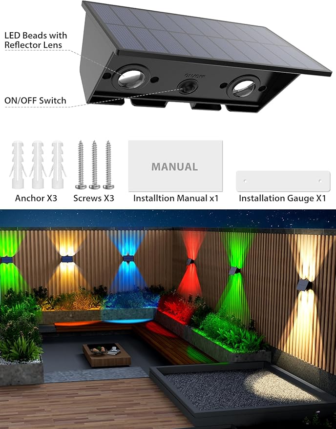 Solar Fence Lights6 Pack Solar Lights Outdoor Warm White+RGB Up &amp Down Waterproof 100 Lumens Dusk to Dawn for Wall/Backyard/Pool/Railing/Patio/Porch/Step