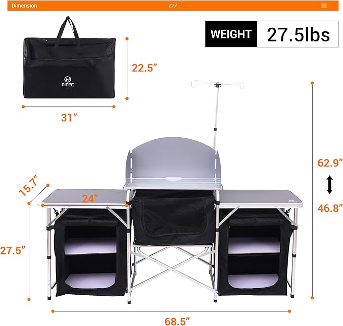 Nice C Camping Kitchen Table Folding Grill Table Upgrade Light Stand and Windshield Cooking Station &amp 3 Organizers Carry Bag for Outdoor Beach BBQ Picnic Cooking Indoor Office(Silver)