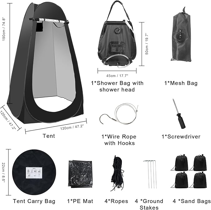 Portable Camping Privacy Tent Outdoor Shower Tent Kit with 5 Gallon Shower Bag-(Nozzle Upgraded)