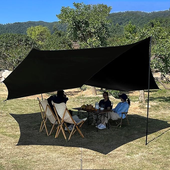 16x16 ft Large Camping Tarp with Poles Waterproof Hammock Rain Fly Camping Awning Sun Shelter (Black Without Poles)