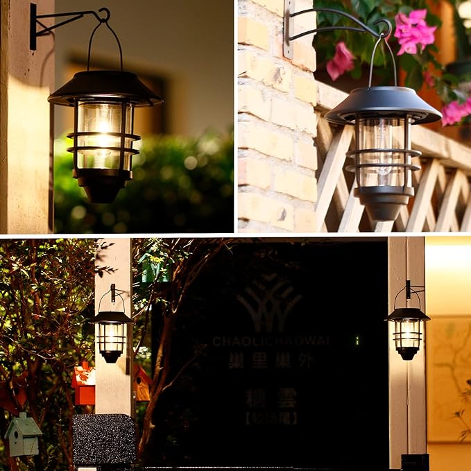 2 Pack Solar Lanterns Outdoor Hanging Waterproof Solar Wall Lights Glass Metal with Wall Mount BracketAuto Dusk to Dawn Garden Lantern Warm White for Outdoor Front Porch Garden