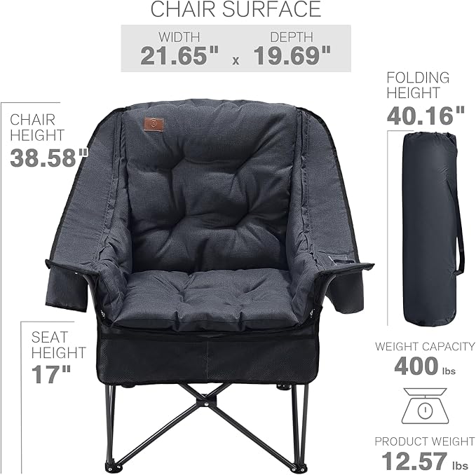 EVER ADVANCED 2 Set Camping Chair with Detachable Cushion Mesh Chair for Adults Foldable Oversized Heavy Duty Folding Chair with Cooler Mesh Pocket Cupholder Outdoor Fishing Supports 400LBS Black