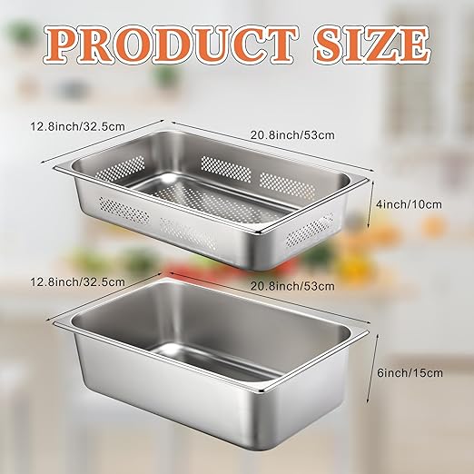 Tioncy 2 Pack Full Size Hotel Pans with Perforated Steam Pan Stainless Steel Steam Table Pan Multifunctional Food Chafing Supplies for Restaurant Kitchen(Full Size 4 Inches 6 Inches)