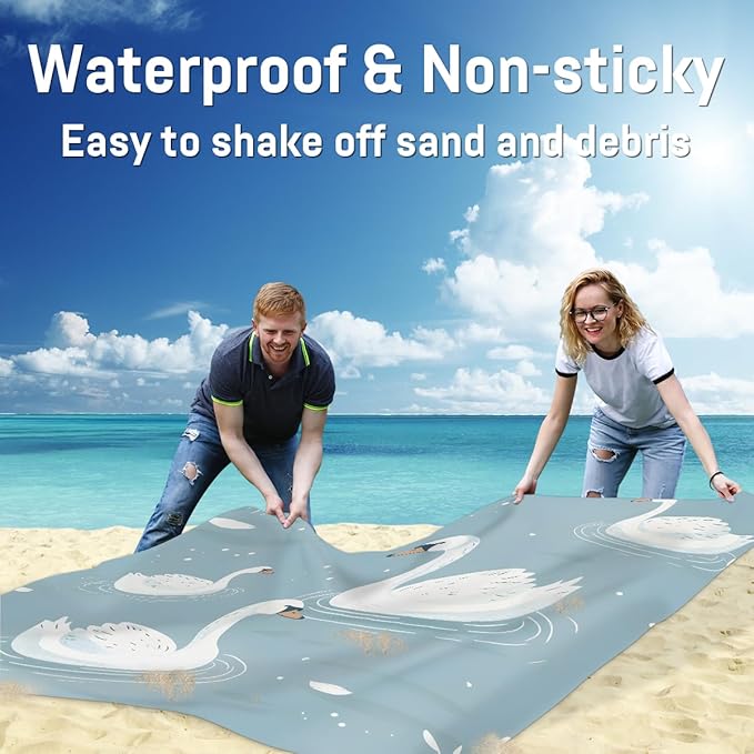 Waterproof Sandproof Beach Blanket 59''×68'' Animals Swans Polyester Outdoor Picnic Blanket with 4 Stakes &amp Storage Bag for BeachCampingVacation Grey
