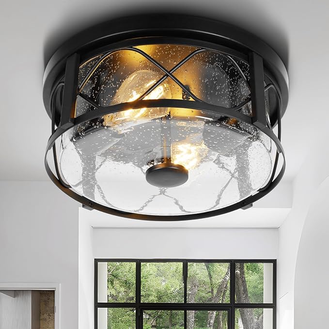 Rustic Close to Ceiling Light Fixtures Farmhouse Flush Mount Ceiling Lighting Metal Cage Lighting with Seeded Glass Black Cage for Home Kitchen Dining Room Bedroom Hallway Entryway Foyer