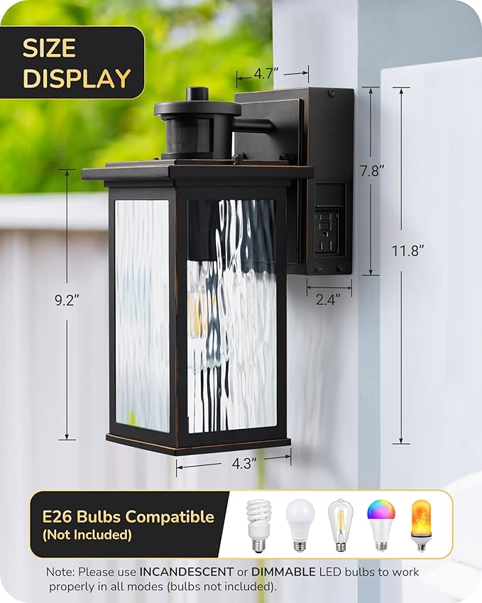 EDISHINE Outdoor Wall Light with GFCI Outlet Motion Sensor Exterior Lighting Fixture with Water Ripple Glass Waterproof Dusk to Dawn Outdoor Wall Sconce for Porch Front Door Garage Patio