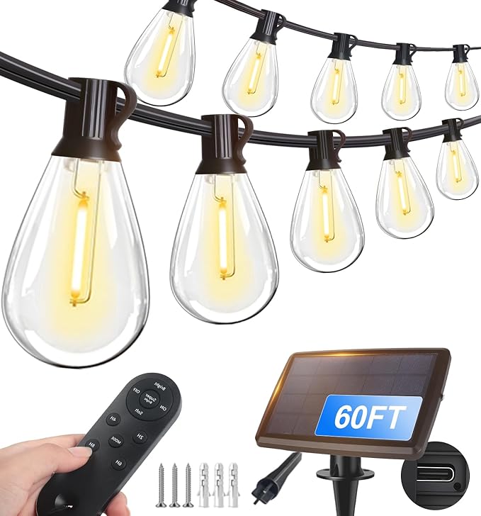 Tenmiro 60FT Solar String Lights Outdoor with Remote and 16+2 LED Shatterproof Bulbs Dimmable &amp Timing 3 Light Modes Solar Patio String Lights for Cafe Garden Deck Outside Wedding Last for 10+H