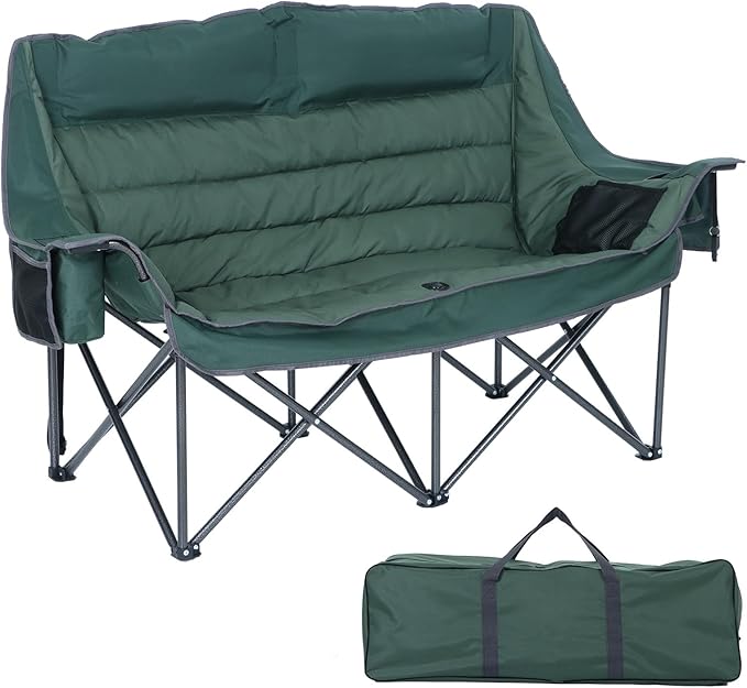 CDEN Double Padded Camping Chair Oversized Folding Loveseat Portable Outdoor Sofa with Cup Holders Carry Bag Cooler Bag Bottle Opener for Camping Picnic Lawn Garden (Green)