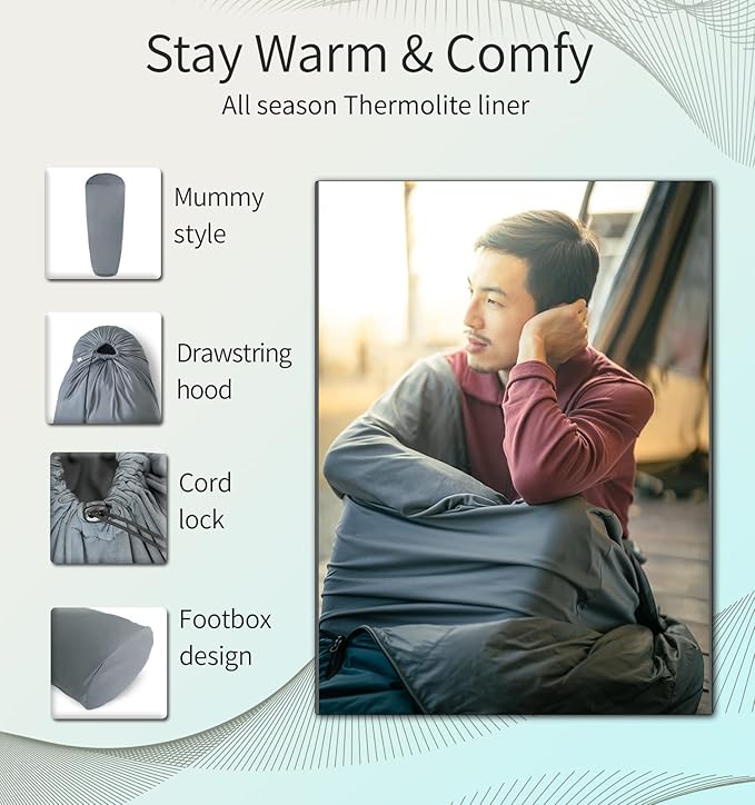 Litume Thermolite All Season Sleeping Bag Liner Add Up to 22°F / 12°C Mummy Sleeping Sack for Backpacking Camping Traveling for Cold Weather Winter Sleep Sack with Drawstring Hood (E626)