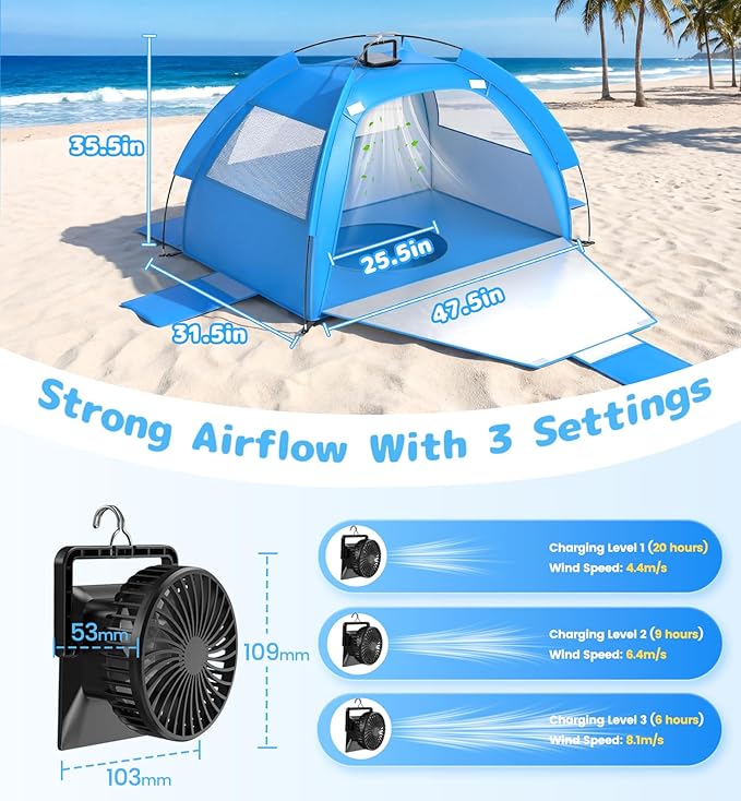 Baby Beach Tent Solar Cooling Fan Anti-UV Toddler Beach Tent Sun Shelter Portable Travel Fan Beach Shade Tent Baby Play Tent Built-in Ceiling Fan Sun Shelters Toddler Beach Essentials