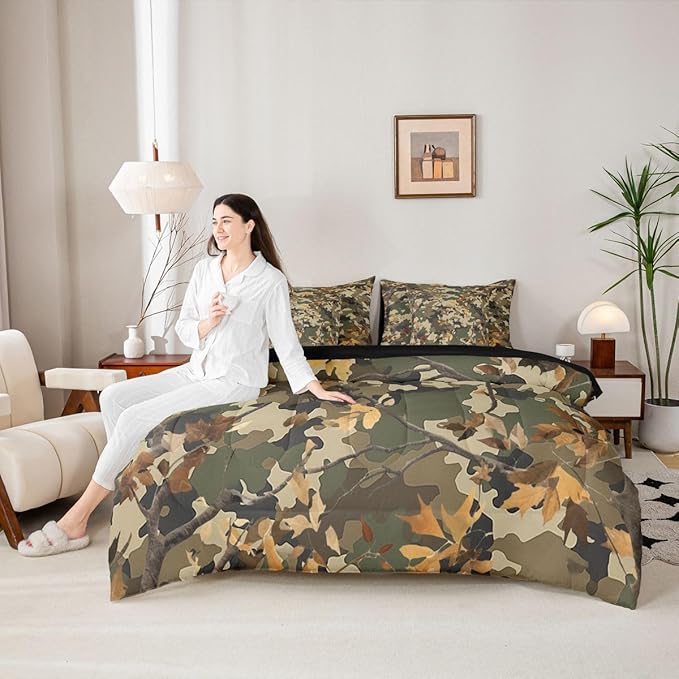 jejeloiu Camouflage Botanical 7 Piece Bedding Set for Girls Boys Kids Full Size Camo Bed in a Bag Room Decor Military Style Comforter Set with SheetsPillowcases &amp Cushion Cover Microfiber
