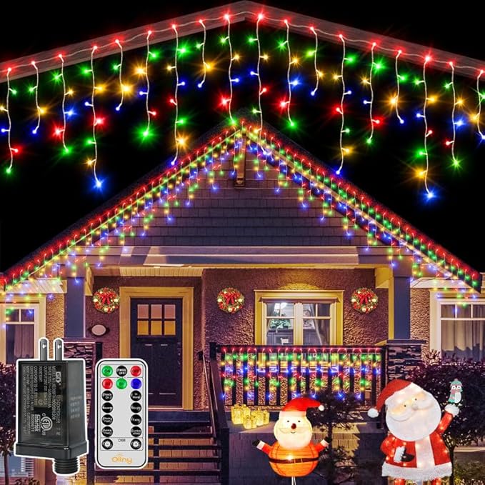 Ollny Icicle Lights for Outside 504LED 41FT Multicolor Christmas Light with Remote 8Modes Timers Waterproof Plug in Connectable Hanging Lights for Outdoor Indoor House Roof Holiday