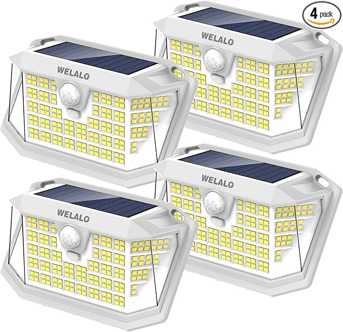 WELALO Solar Motion Sensor Lights Outdoor [3 Modes/4 Pack/188 LED] 270° Wide Angle Lighting Security Solar Powered Wall Lights IP65 Waterproof Flood Lights for Fence Porch Yard Patio(White)