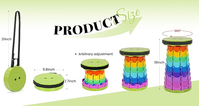 2 Pack Upgraded Collapsible Stool Folding Stool with CushionRetractable Folding Stool Max Load Capacity 400lbs Portable Telescoping Stools for Camping Hiking Outdoor BBQ -Rainbow-Green