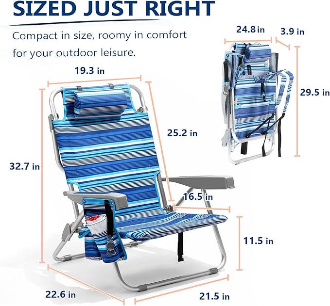 PASAMIC Backpack Beach Chair for Adults Portable Lay Flat Reclining Beach Chair with 5 Positions Tall Heavy Duty Folding Chairs with Cup Holder Cooler Pouch Storage Pouch Towel Bar Blue Stripe