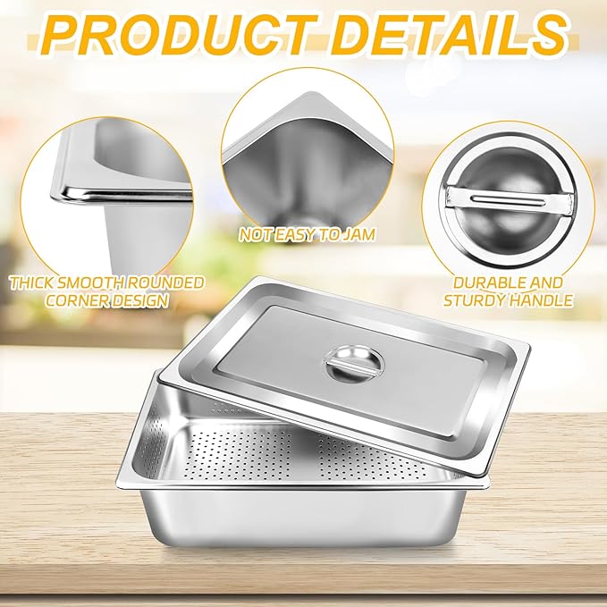 3 Pack Full Size 4 Inch 6 Inch Hotel Pan with Lid Perforated Steam Table Pan Chafing Pans Steam Table Tray Stainless Steel Restaurant Supplies for Buffets Catering Commercial Kitchen