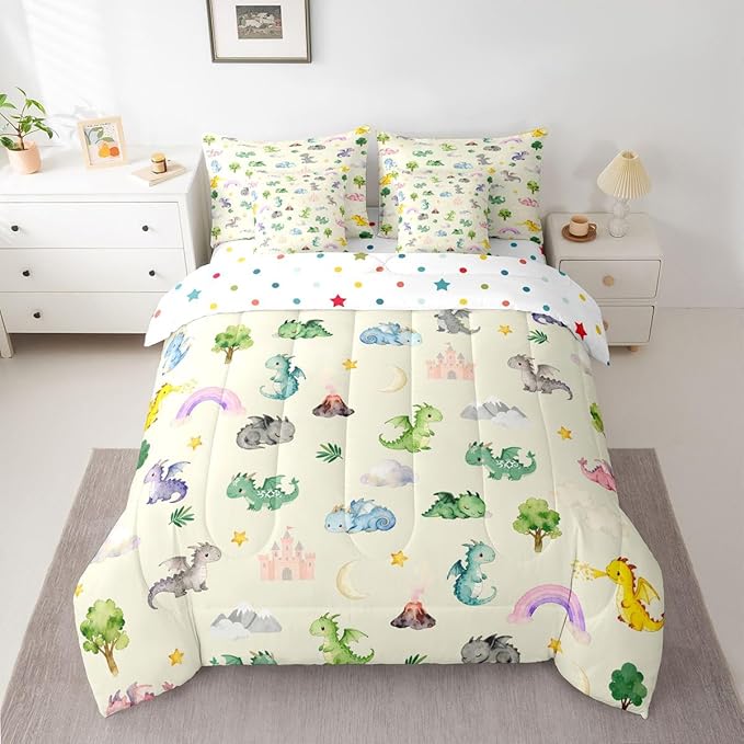 Kids Baby Dragon 7 Piece Bedding Set Twin Size Animal Comforter Set with SheetsPillowcases &amp Cushion Cover for Boys Girls Teens Bedroom Decor Cartoon Wildlife Bed in a Bag Microfiber Women Men Be