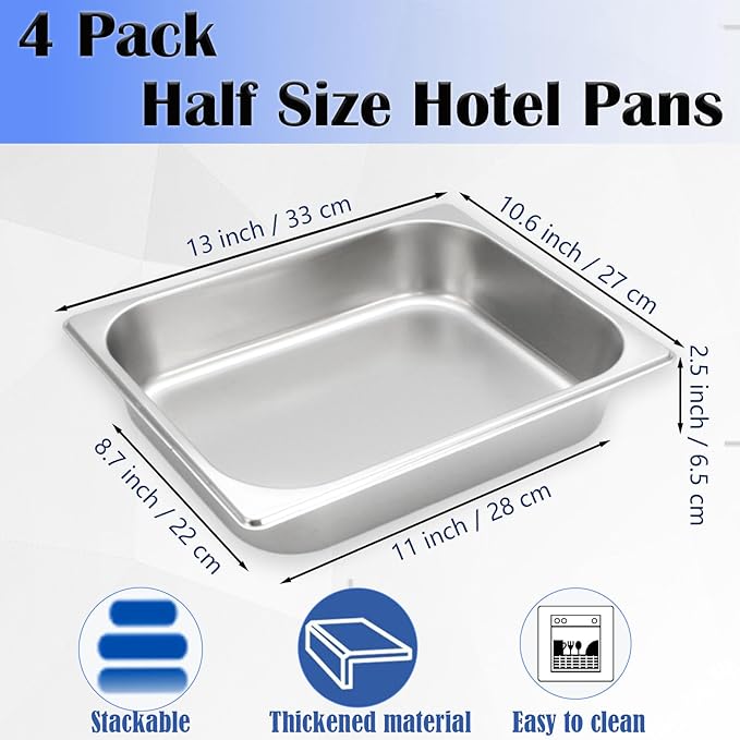 4 Pcs Half Size Hotel Pan 1/2 Size 2.5 Inch Deep Stainless Steel Steam Table Pan Half Pans for Chafing Dishes Breading Trays for Hotel Party Buffet Catering Supplies