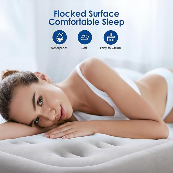 MoKo Air Mattress Queen with Built in Pump 18'' Luxury Inflatable Mattress 3 Min Fast Blow up Mattress Comfort Top - Velvety Air Bed for Home Camping Travel Guests Black/Gray