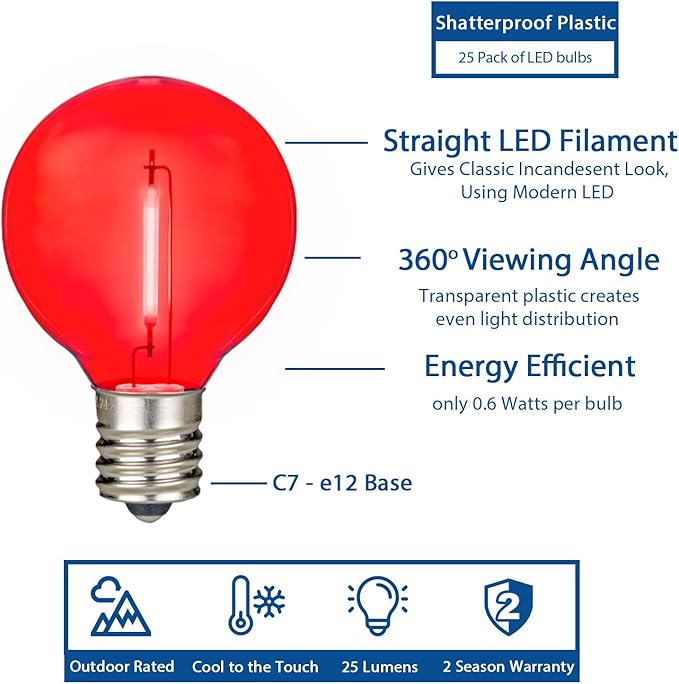 Novelty Lights G40 Filament LED String Light Translucent Red/White/Blue Bulbs 25 Globe Lights with 12 Spacing on Black Wire Indoor/Outdoor Festive Patio Lights
