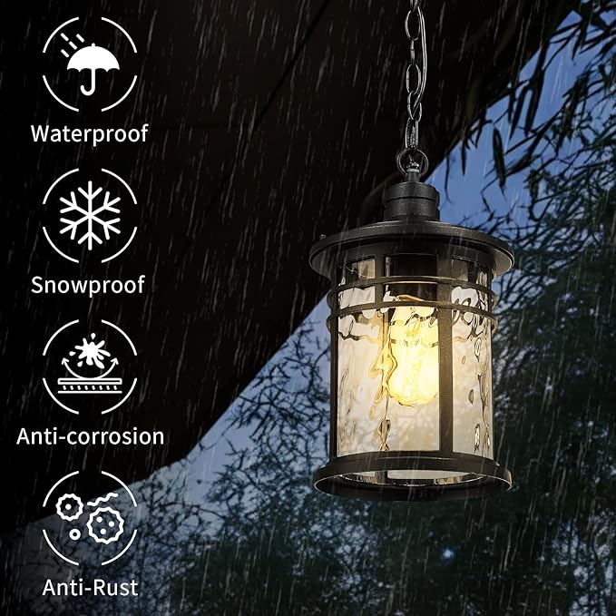 Darkaway Dusk to Dawn Outdoor Pendant Light 14inch Hanging Porch Light Outdoor Chandelier Ceiling Mount Waterproof Pendant Lights with Water Ripple Glass for Patio Entrance Foyer Entryway
