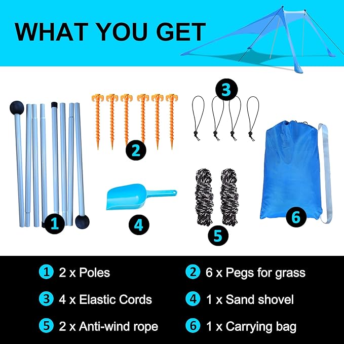 Beach Canopy Tent Sun Shade with UPF 50+ UV Protection Beach Tent Sun Shelter with Sandbags Poles and Ground Pegs and Anti-Wind Ropes for Outdoor Camping Backyard and Picnics