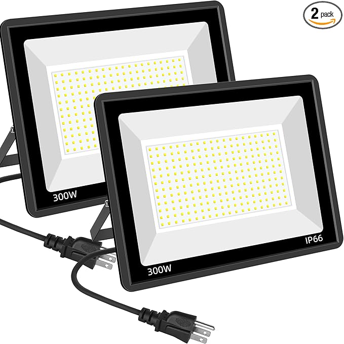 2Pack 300W LED Flood Light Outdoor with 6FT Plug 36000Lm Super Brighter Security Light IP66 Waterproof Worklight5000K Daylight White Exterior Floodlights for Playground Yard Stadium Garage