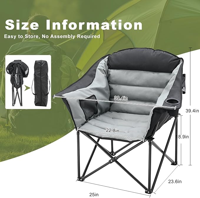 Slsy Oversized Camping Chair Portable Camp Chair Folding Chaise Lounge Chair Heavy Duty Foldable Moon Chair for Lawn Outdoor Picnic Lounge Patio(Black Gray)
