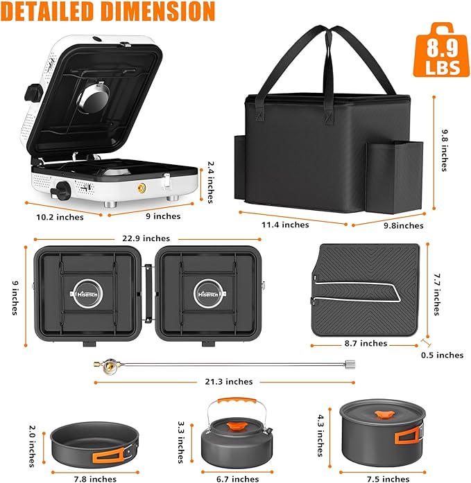 Hisencn Camping Stove2 Burner Propane Stove20000 BTU/h Camping Cooking set Includes Frying PanKettle and PotAdjustable Burners &amp Piezo IgnitionPortable stove for camping OutdoorWhite