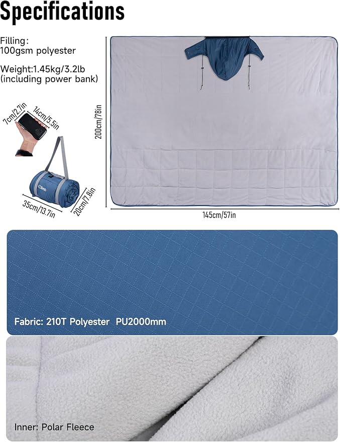 iClimb Heated Waterproof Camping Stadium Blanket with Hood and 5V 10000mAh Battery Pack All Season Outdoor Indoor (Blue)