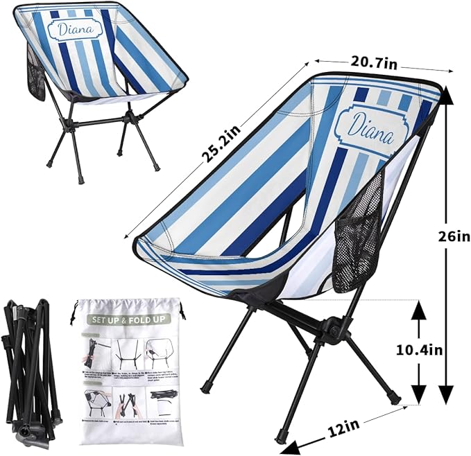 Custom Portable Camping Chair for Adults Women Men Personalized Name Lightweight Folding Backpacking Hiking Chair Blue Stripes