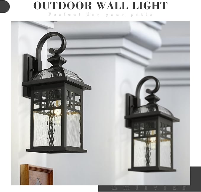 Emliviar Black Exterior Lighting Fixture 22 Inch Farmhouse Outside Lights for House with Water Ripple Glass DE281B-M BK-WP